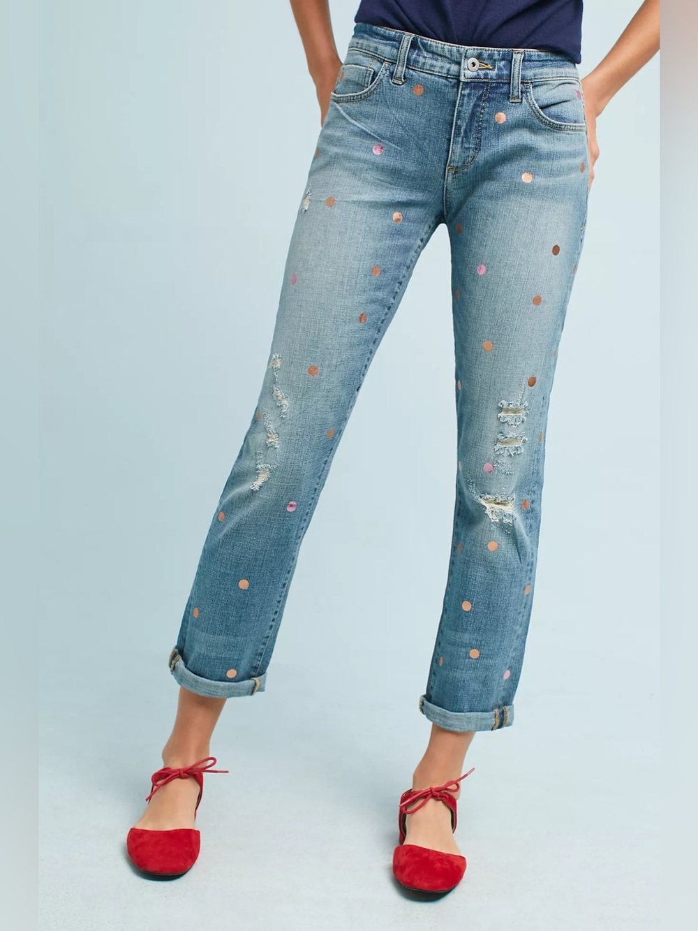NWT Anthropologie Pilcro Polka Dot Mid-Rise Boyfriend Cropped Jeans Size 28P